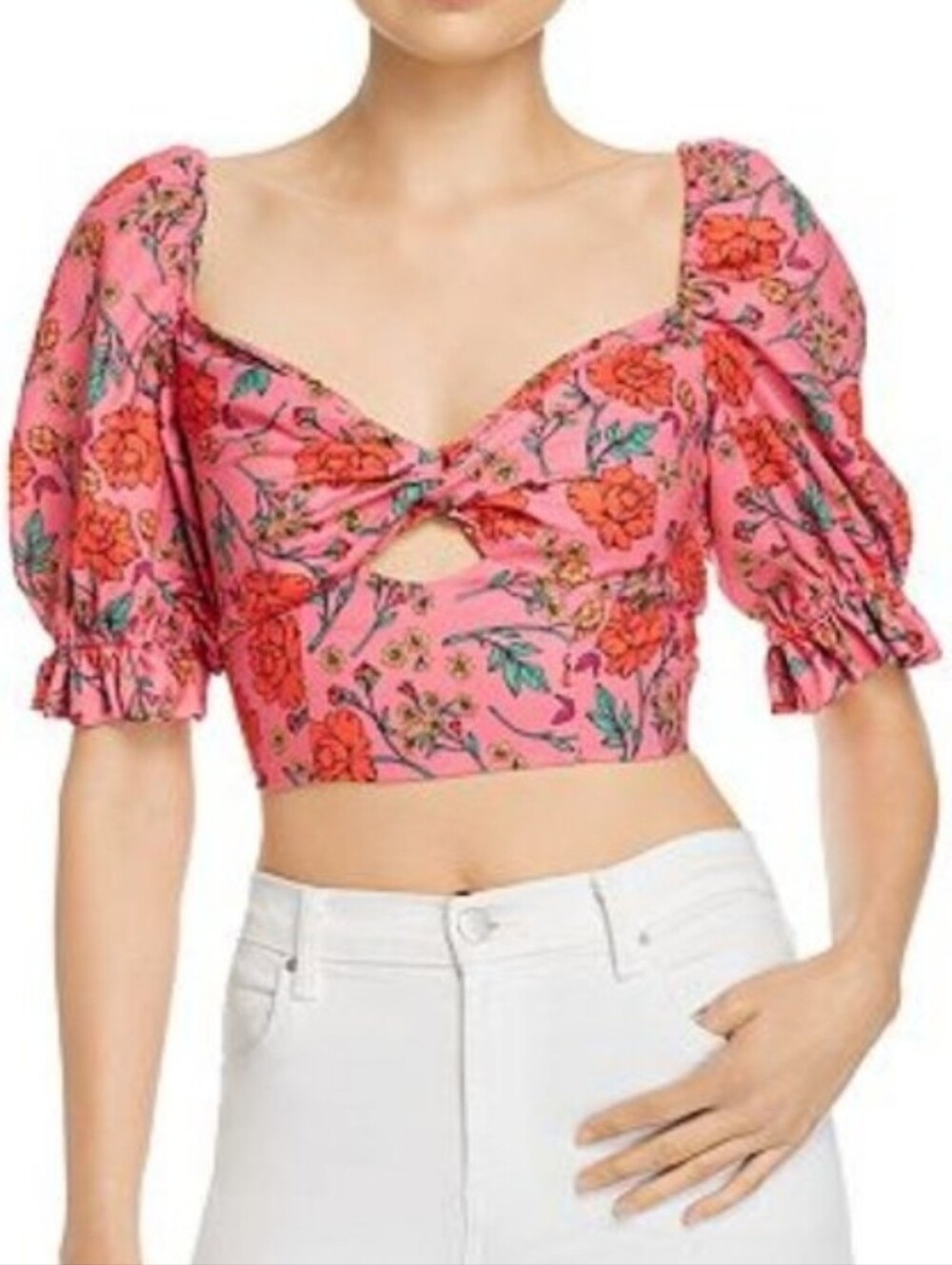 Finders Keepers Hana Pink Floral Puff Sleeve Crop Top Size 6
